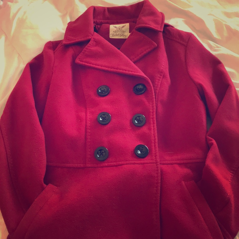 A red pea coat. Size xs